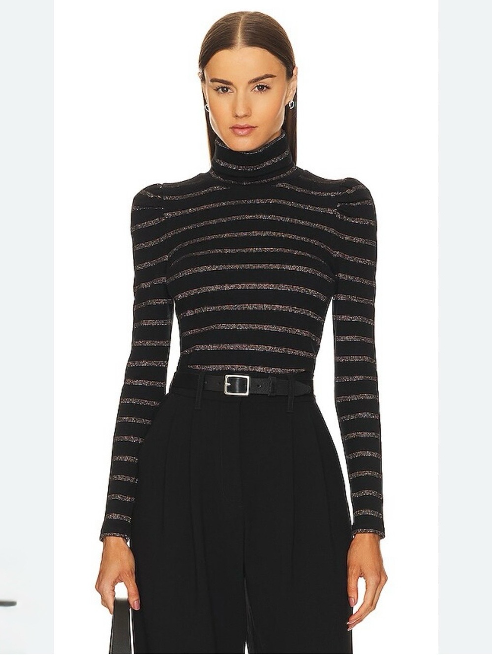 VERONICA BEARD Cedar Black Turtleneck Metallic Stripes Long Sleeve Top - NWT
